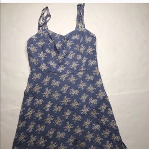 ROMY small blue tan floral piping lined dress